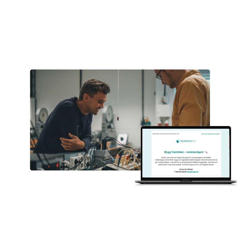 Teknik/Bygg/Ingenjör studieguide på laptop och två män som jobbar med el